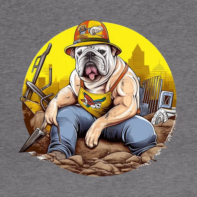 A Carpenter English Bulldog with a tool belt and hard hat, riding a yellow bulldozer and moving dirt by teestore_24